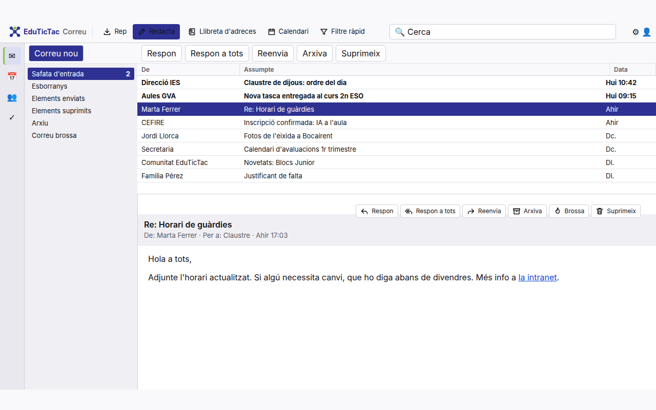 Outlook web amb la pell clara de Correu Clàssic