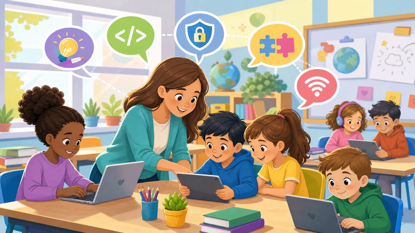 Il·lustració d’una mestra acompanyant alumnat en activitats de formació TIC amb dispositius digitals