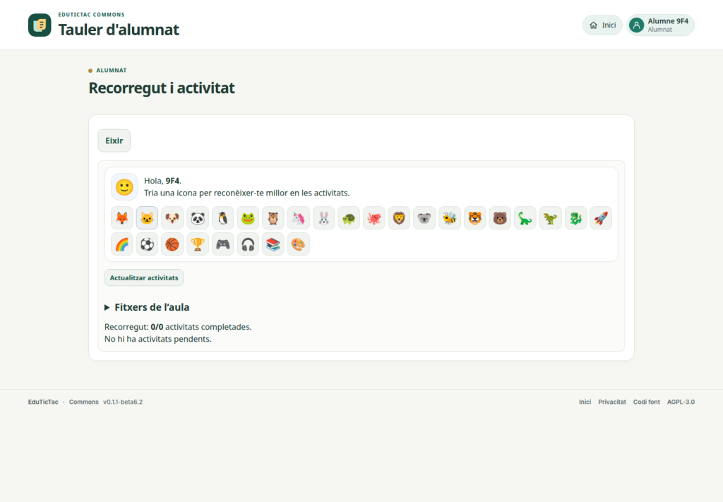 Tauler de l’alumnat de Commons beta6.2 després d’entrar amb una credencial de prova.