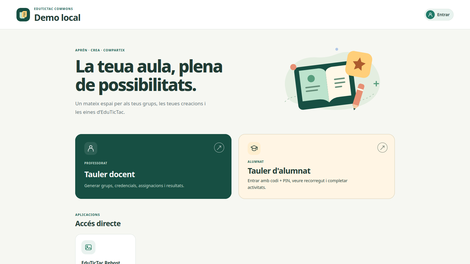 Portada en valencià d’EduTicTac Commons beta6.2 instal·lat en una màquina virtual de LliureX.