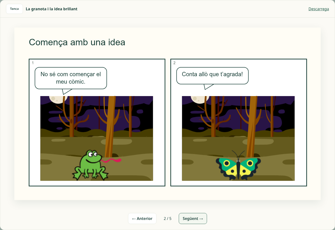 Lector d’EduTicTac Llibres amb dues vinyetes: una granota i una papallona conversen al bosc