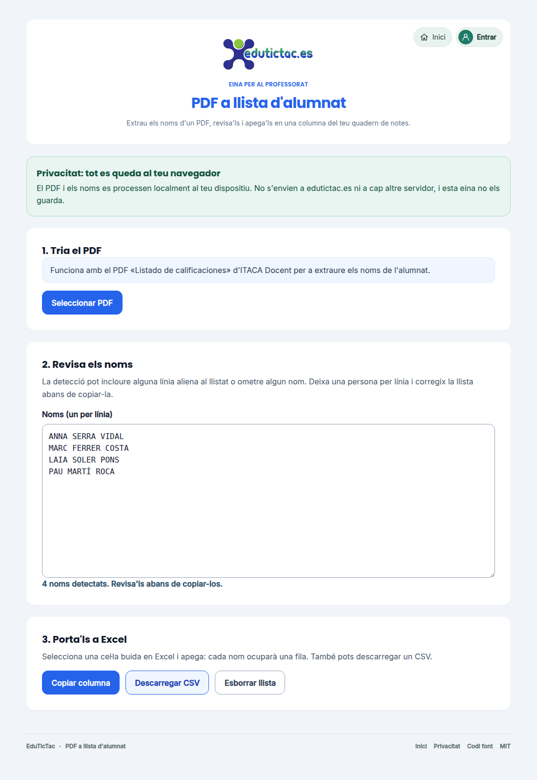 Captura de l’eina PDF a llista d’alumnat amb quatre noms ficticis, l’avís de privacitat i els botons per a copiar o descarregar